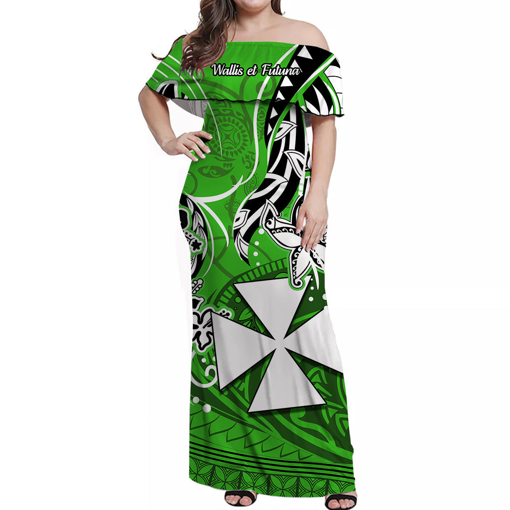 Wallis et Futuna Off Shoulder Long Dress Be Unique Green LT13 Long Dress Green - Polynesian Pride