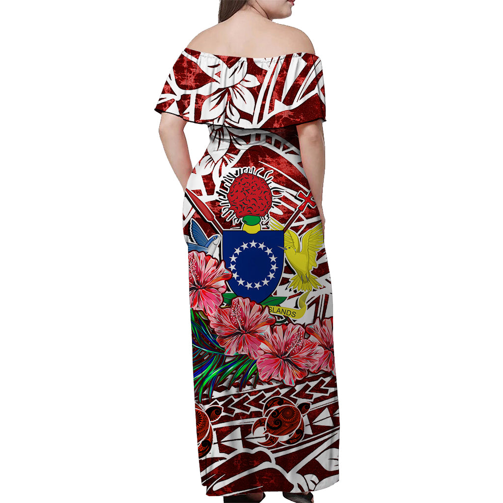 Cook Islands Off Shoulder Long Dress Hibiscus and Turtles Red LT13 - Polynesian Pride
