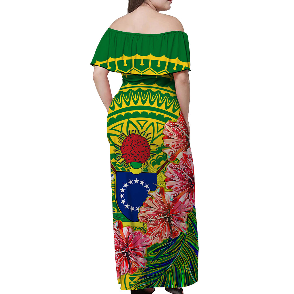 Cook Islands Off Shoulder Long Dress Hibiscus Flowers Style Green LT13 - Polynesian Pride