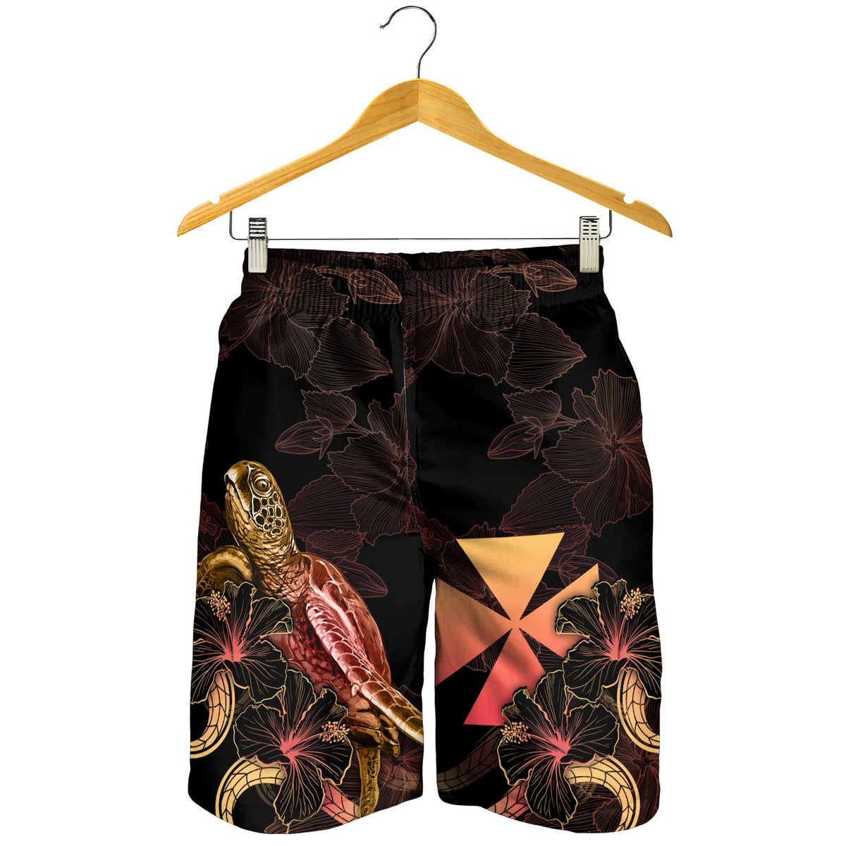 Wallis And Futuna Polynesian Men's Shorts - Turtle With Blooming Hibiscus Gold - Polynesian Pride