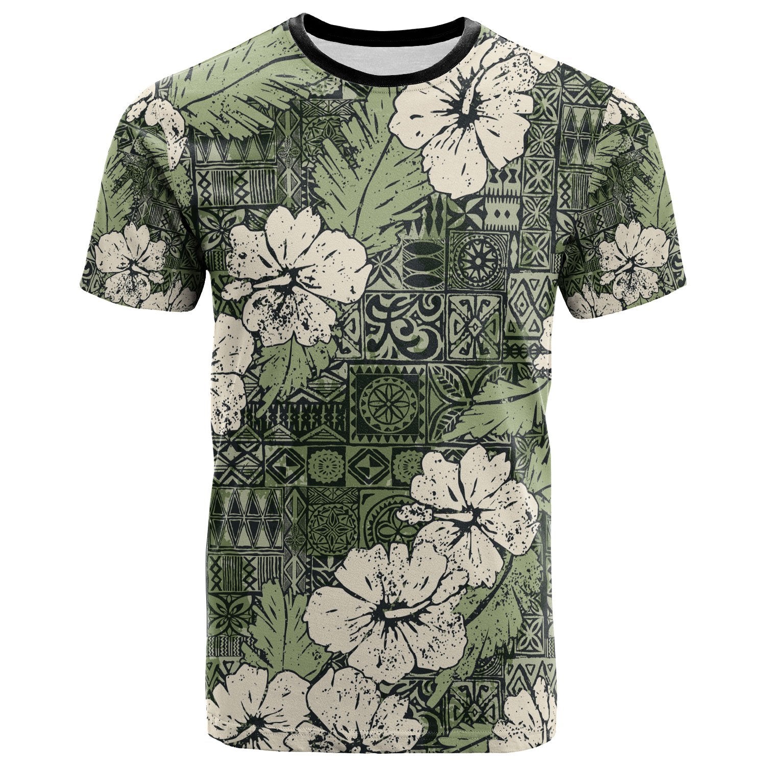 Polynesian Shirt Abstract Hibiscus Flowers With Tribal Background Green Color Unisex Art - Polynesian Pride