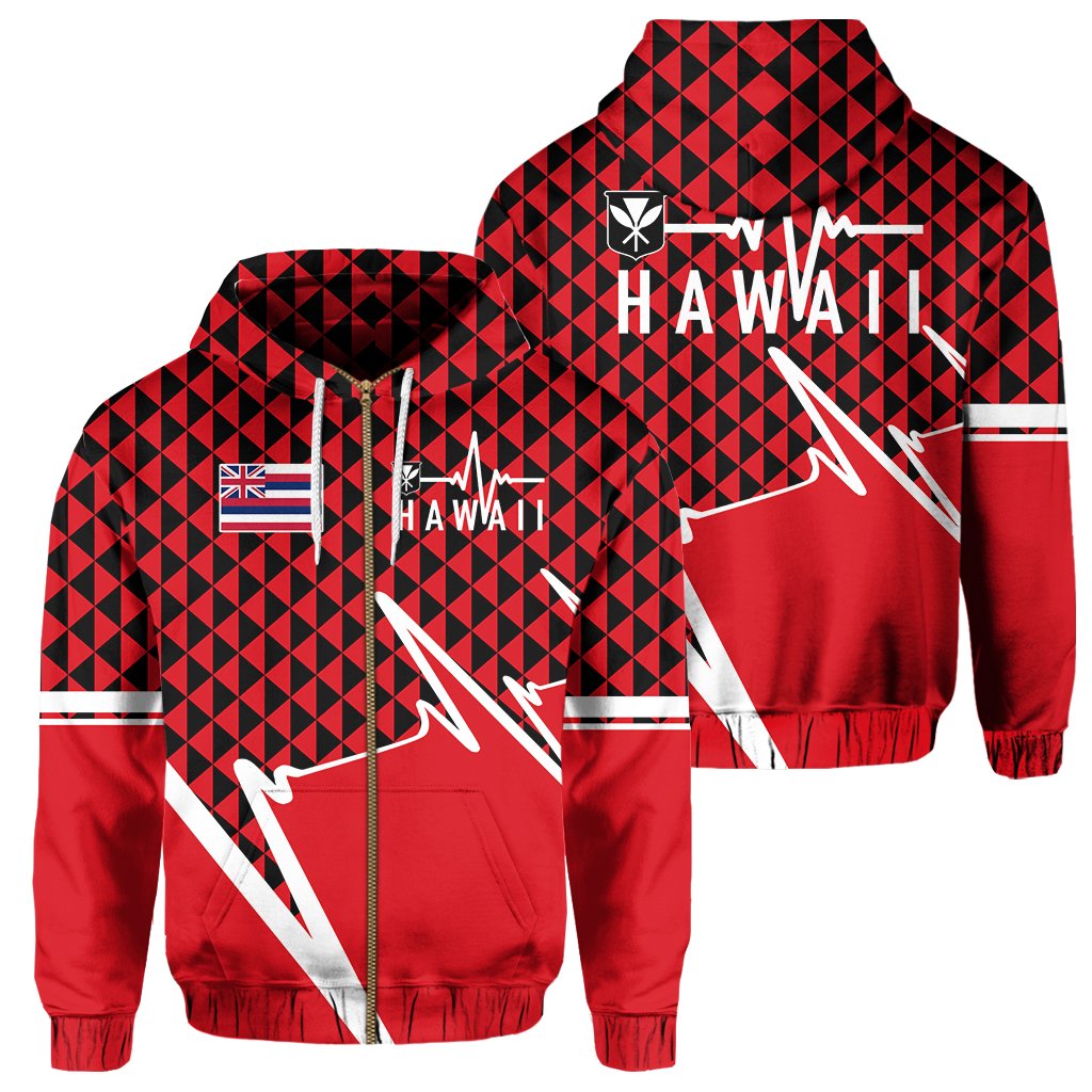 Kakau Hawaii In My Heartbeat Flag of Hawaii Zip Hoodie Unisex Red - Polynesian Pride