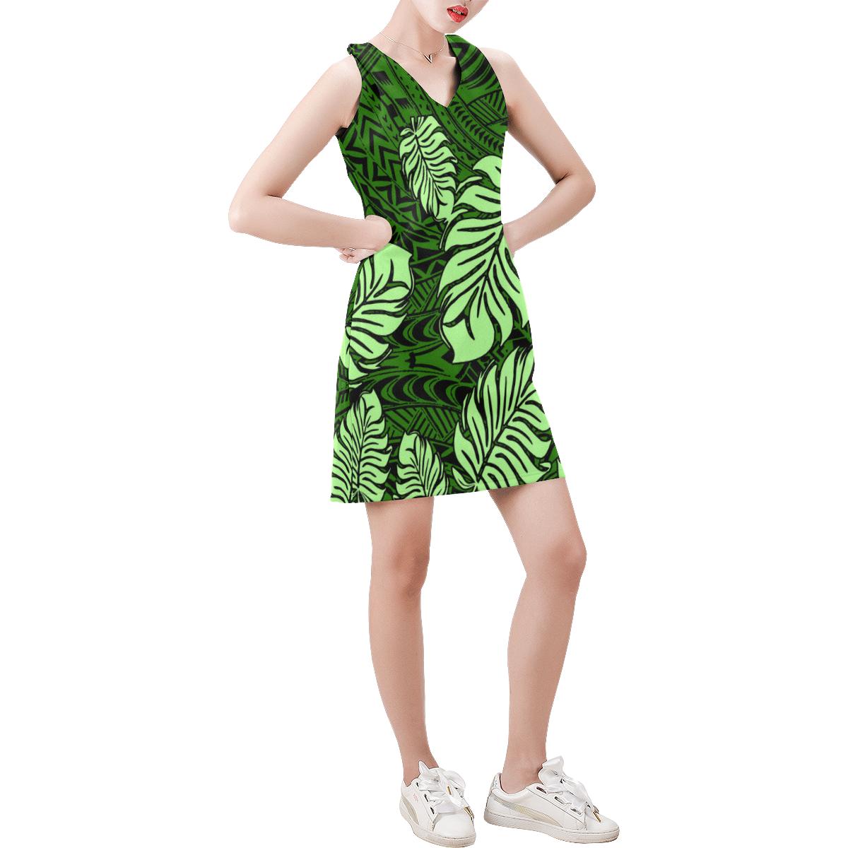 Polynesian Sleeveless V Neck Dress - Palm Leaf Green Women Green - Polynesian Pride