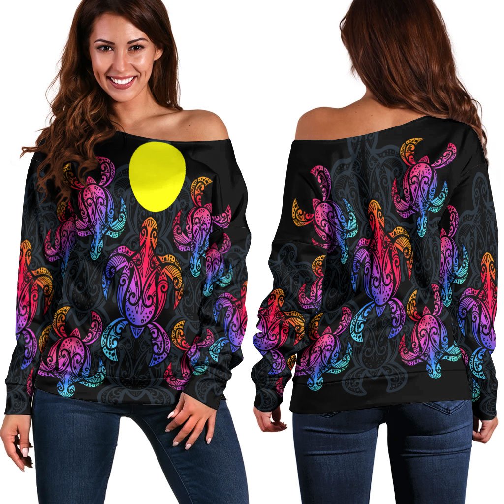 Palau Women's Off Shoulder Sweaters - Sea Turtle In Tribal Polynesian Style Black - Polynesian Pride