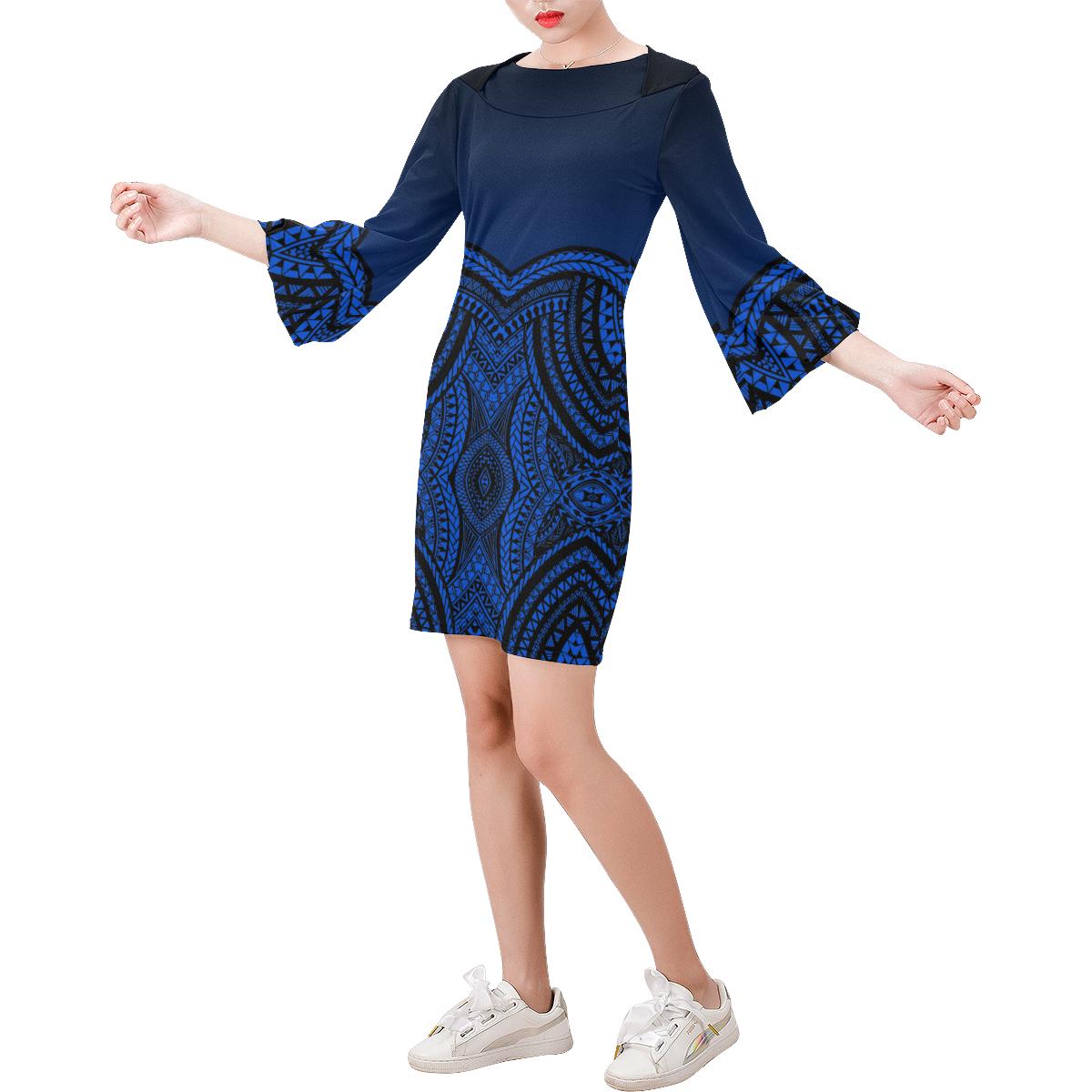 Micronesia Pattern Bell Sleeve Dress - Blue Versison Women Blue - Polynesian Pride