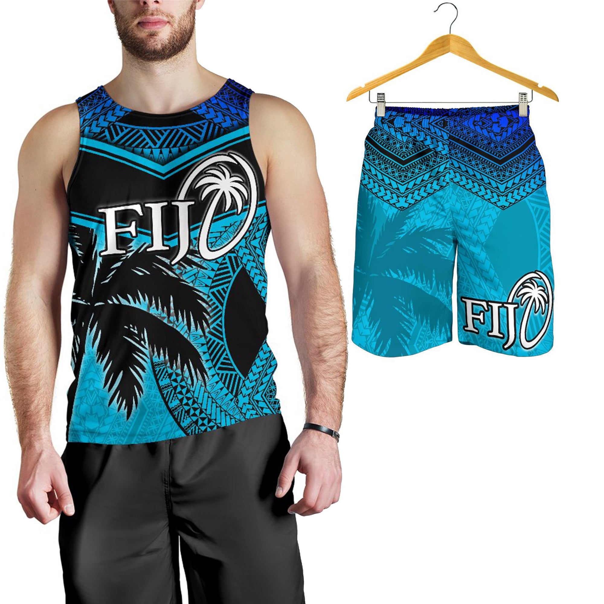 Combo Men Tank Top and Men Short Fiji Rugby Polynesian Blue Blue - Polynesian Pride