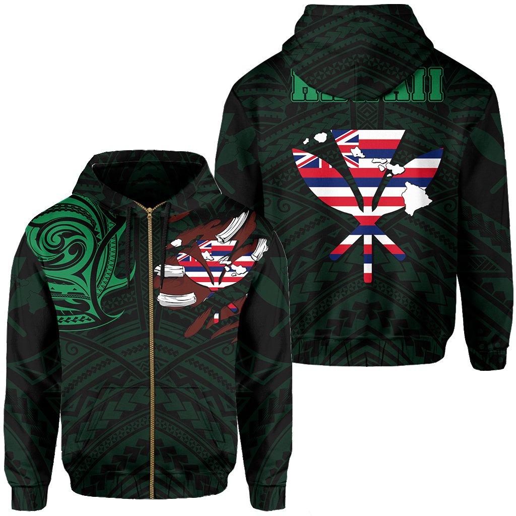 Hawaiian Kanaka Hoodie (Zipper) Heart Tattoo Green Unisex White - Polynesian Pride