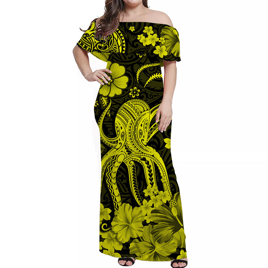 Hawaii Off Shoulder Long Dress Polynesia Yellow Octopus LT13 Women Yellow - Polynesian Pride