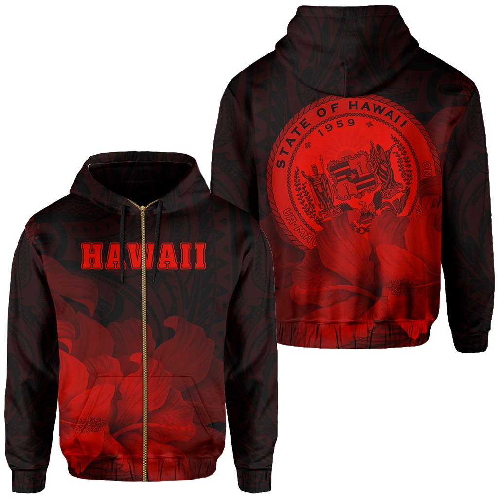Tropic Hibiscus Seal of Hawaii Zip Hoodie Red Unisex Red - Polynesian Pride