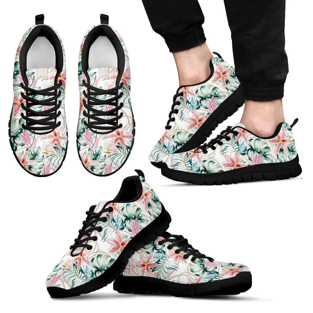 Hawaii Tropical Pattern With Orchids, Leaves And Gold Chains. Sneakers Men's Sneakers Black - Polynesian Pride