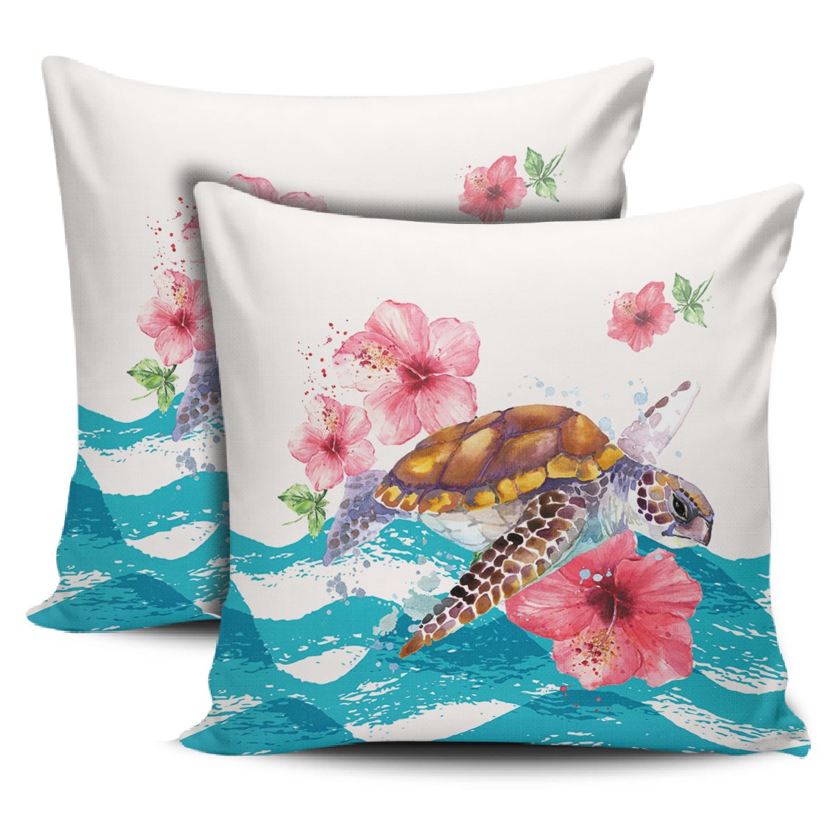 Turtle Hibiscus On Wale Pillow Covers One Size Zippered Pillow Cases 18"x 18" (Twin Sides) (Set of 2) Black - Polynesian Pride