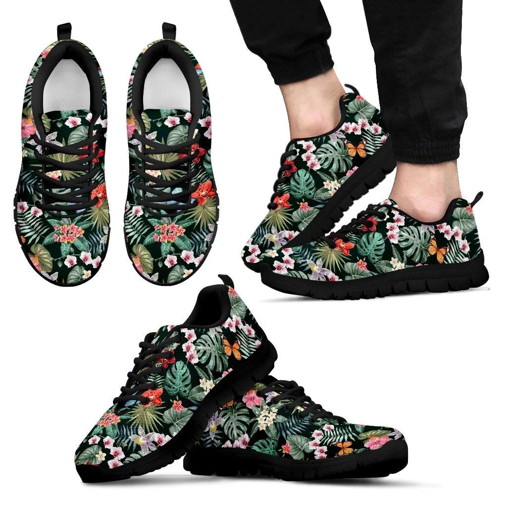 Hawaii Tropical Plumeria Pattern With Palm Leaves Sneakers Men's Sneakers Black - Polynesian Pride