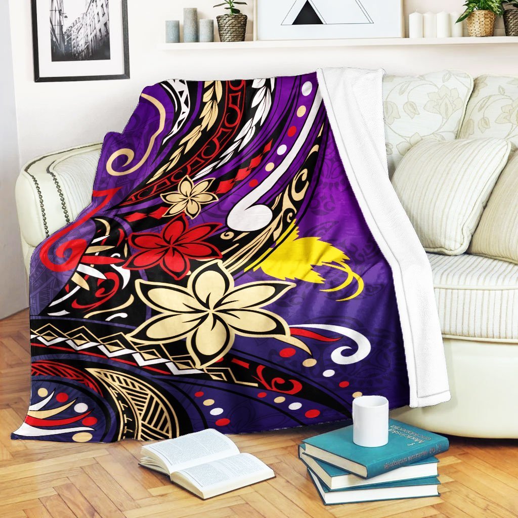 Papua New Guinea Premium Blanket - Tribal Flower With Special Turtles Purple Color White - Polynesian Pride