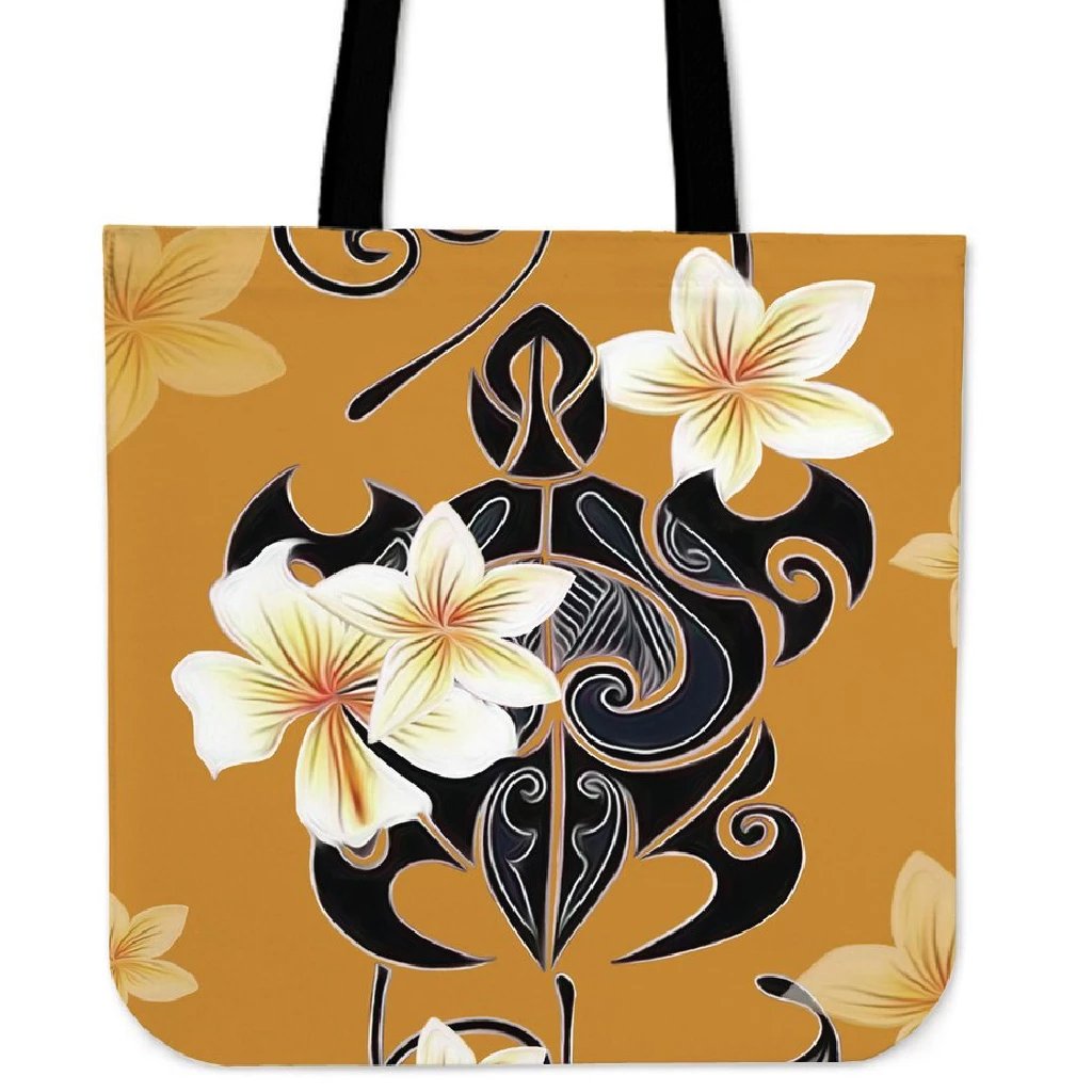 Turtle Poly Tribal Plumeria Yellow Tote Bag Tote Bag One Size Yellow - Polynesian Pride