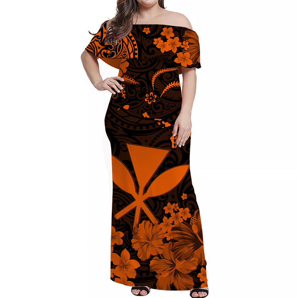 Hawaii Off Shoulder Long Dress Polynesia Orange Kanaka Maoli LT13 Women Orange - Polynesian Pride