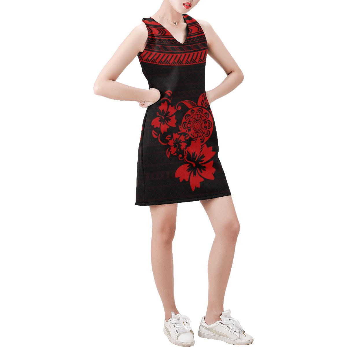 Polynesian Sleeveless V Neck Dress - Black Turtle Red Women Red - Polynesian Pride