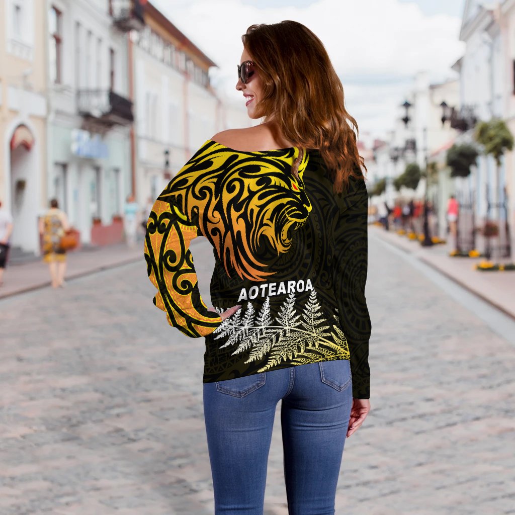 Lion Maori Off Shoulder Sweater Aotearoa mix Silver Fern LT13 - Polynesian Pride