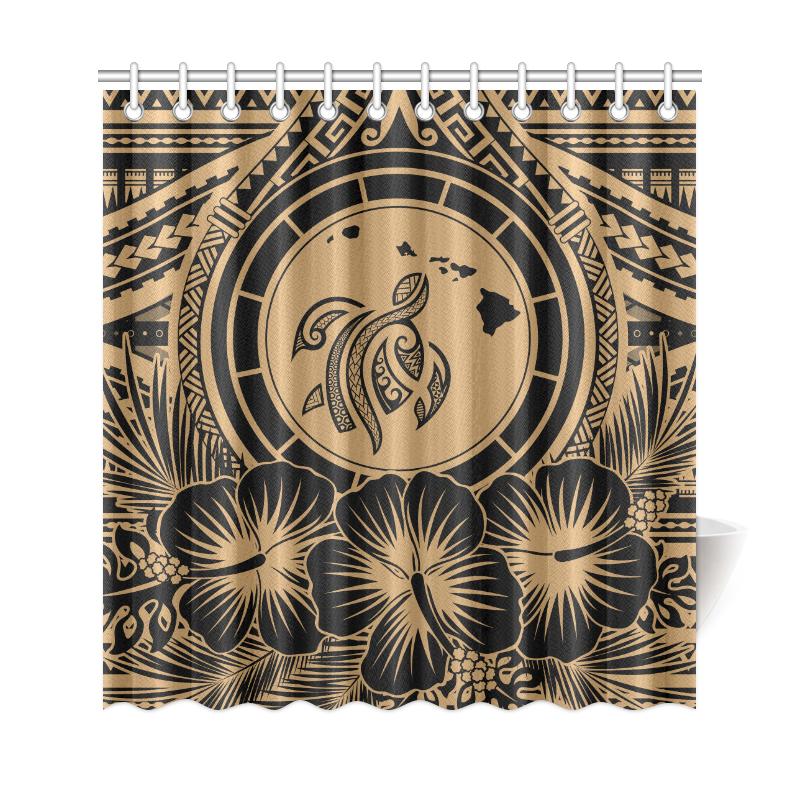 Hawaii Map Honu Hibiscus Gold Polynesian Shower Curtain - Polynesian Pride