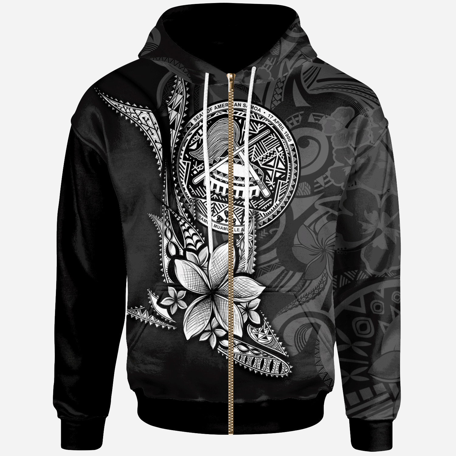 American Samoa Custom Zip Hoodie Fish With Plumeria Flowers Style Unisex Black - Polynesian Pride