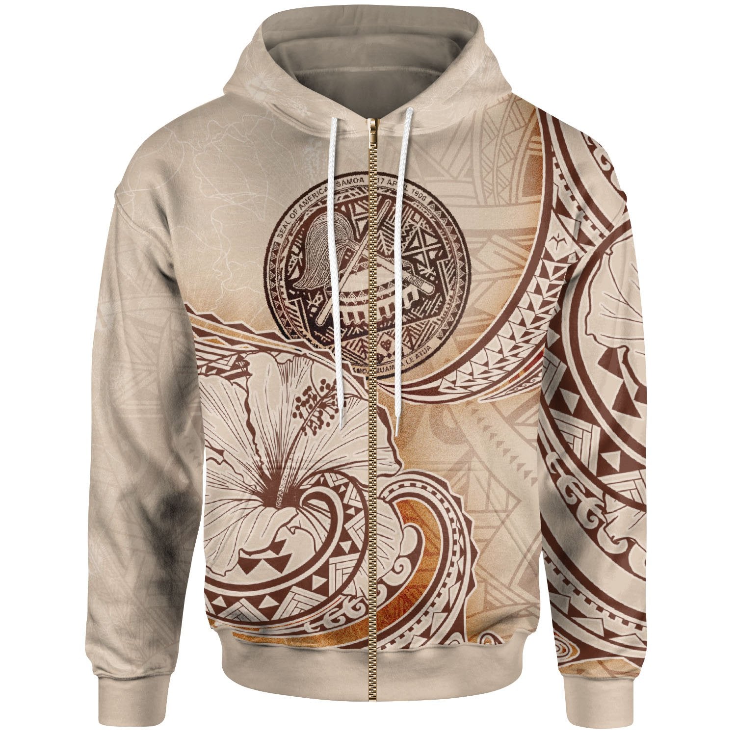 American Samoa Zip Hoodie Hibiscus Flowers Vintage Style Unisex Nude - Polynesian Pride