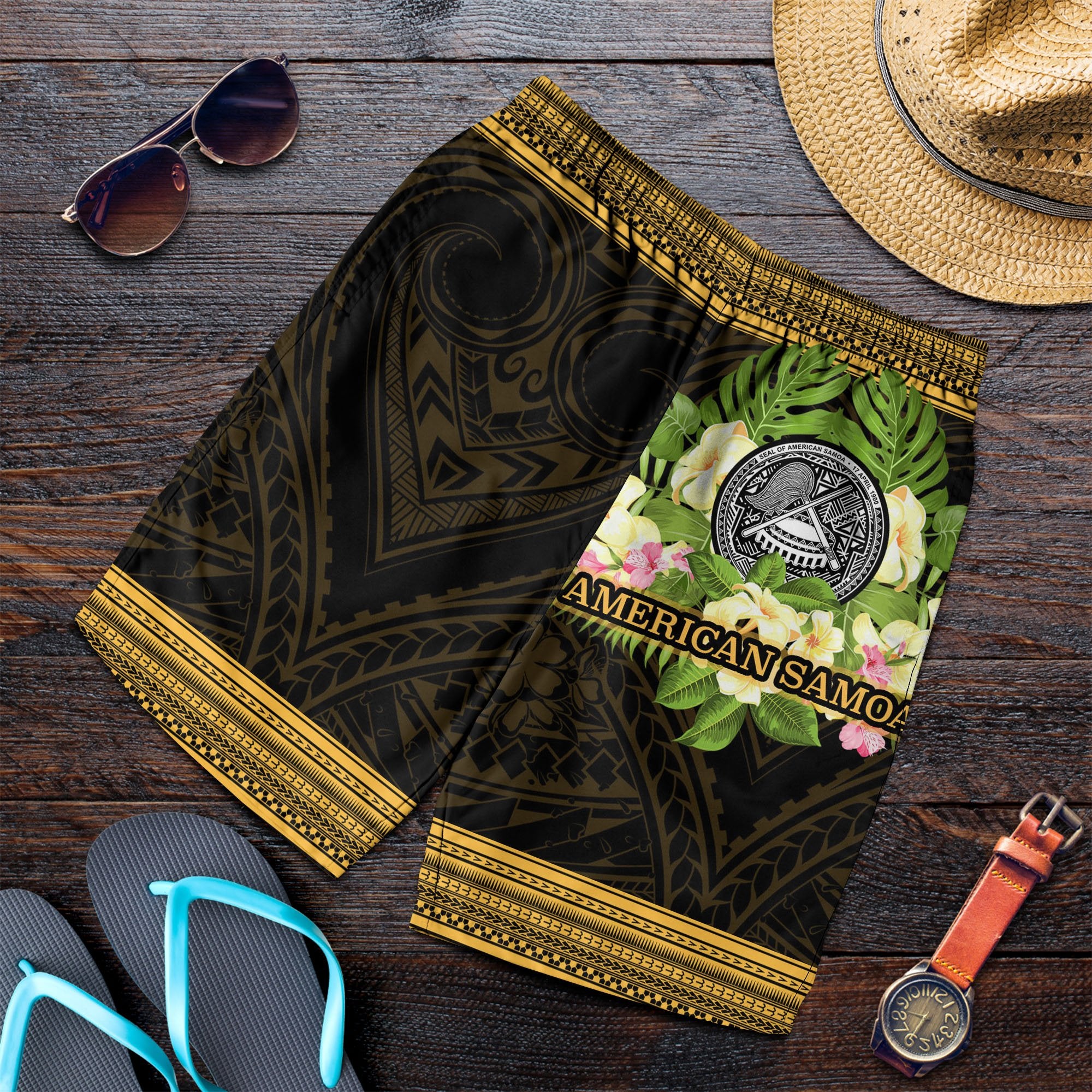 American Samoa Men's Shorts - Polynesian Gold Patterns Collection Black - Polynesian Pride