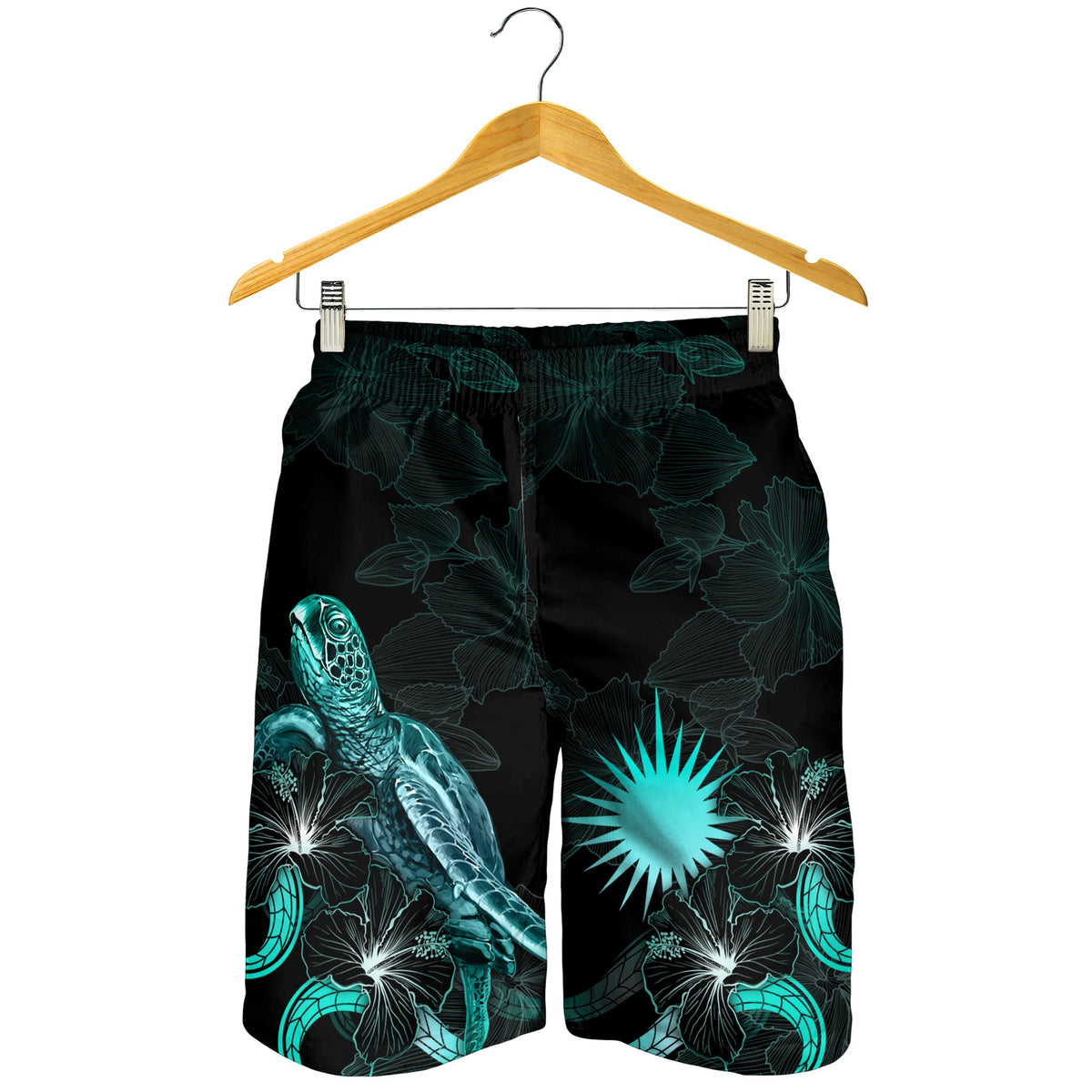 Marshall Islands Polynesian Men's Shorts - Turtle With Blooming Hibiscus Turquoise - Polynesian Pride