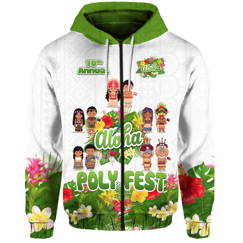 Aloha Poly Fest 10th Annual Hoodie Tropical Palm Leaf Flower LT9 Zip Hoodie White - Polynesian Pride