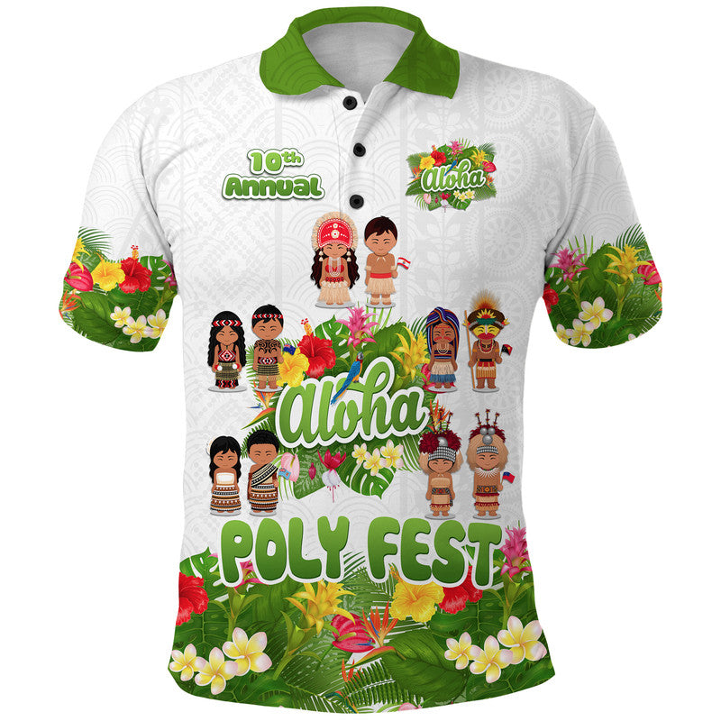 Custom Aloha Poly Fest 10th Annual Polo Shirt Tropical Palm Leaf Flower LT9 Adult White - Polynesian Pride