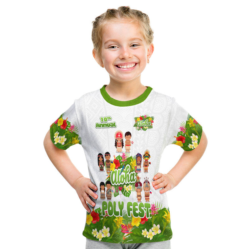 Aloha Poly Fest 10th Annual T Shirt Tropical Palm Leaf Flower LT9 Kid White - Polynesian Pride