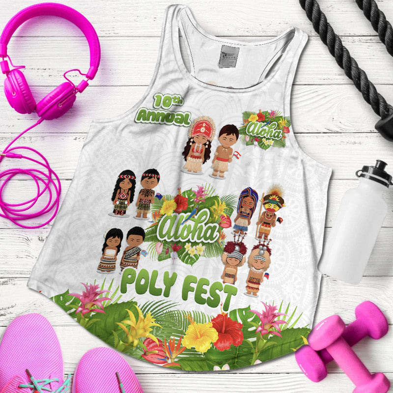 (Custom Personalised) Aloha Poly Fest 10th Annual Women Racerback Tank Tropical Palm Leaf Flower LT9 White - Polynesian Pride