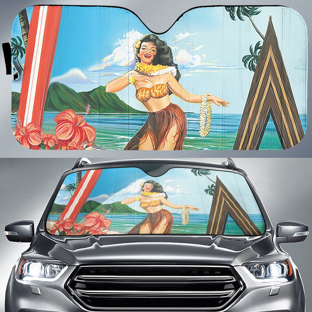 Aloha Hula Dance Car Sun Shade AH Auto Sun Shade Universal Fit White - Polynesian Pride