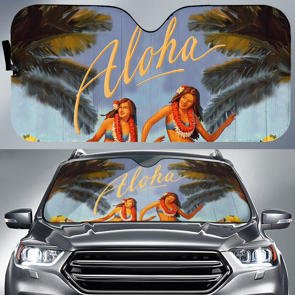 Aloha Hula Dance Hibiscus Car Sun Shade AH Auto Sun Shade Universal Fit White - Polynesian Pride