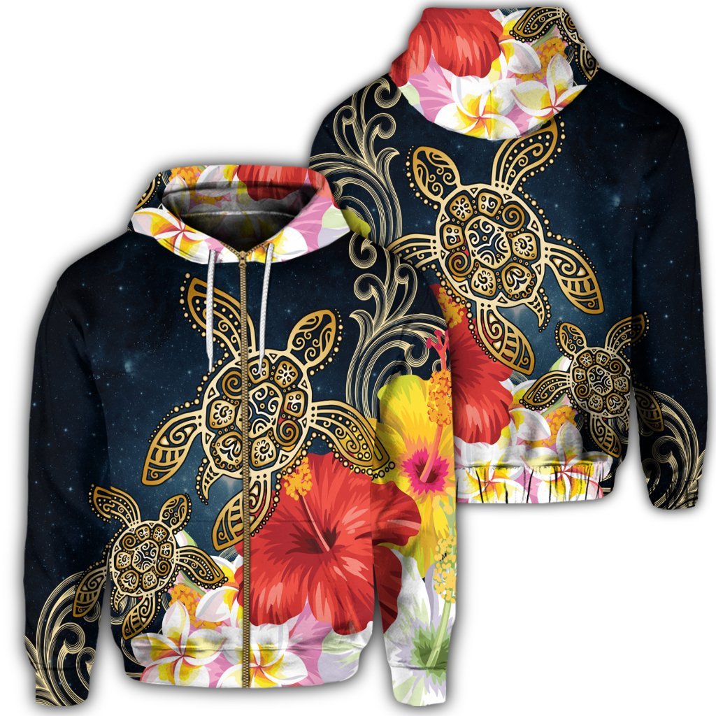 Hawaiian Hawaii Honu Hibiscus Galaxy Zip Hoodie Unisex Art - Polynesian Pride