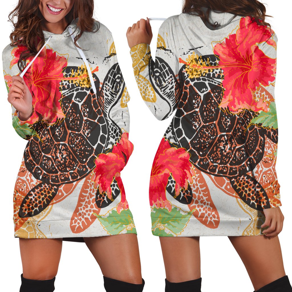 Hawaiian Turtle Art Hibiscus Hoodie Dress - AH Black - Polynesian Pride