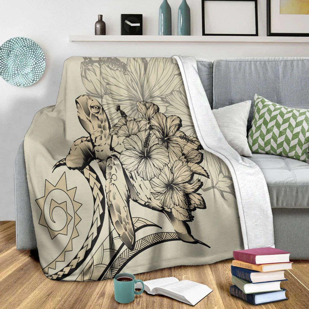 Hawaii Blanket - Hawaii Turtle Hibiscus Polynesian Vintage Premium Blankets - Beige - AH - Polynesian Pride