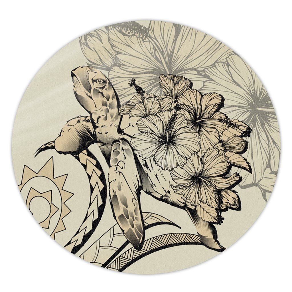 Hawaiian - Hawaii Turtle Hibiscus Polynesian Vintage Round Carpet - Beige - AH Round Carpet Luxurious Plush - Polynesian Pride