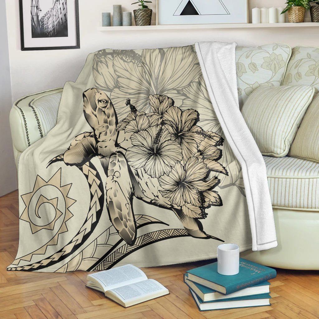 Hawaii Blanket - Hawaii Turtle Hibiscus Polynesian Vintage Premium Blankets - Beige - AH White - Polynesian Pride