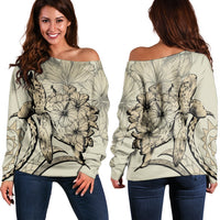 Hawaiian - Hawaii Turtle Hibiscus Polynesian Vintage Women's Off Shoulder Sweater - Beige - AH Black - Polynesian Pride