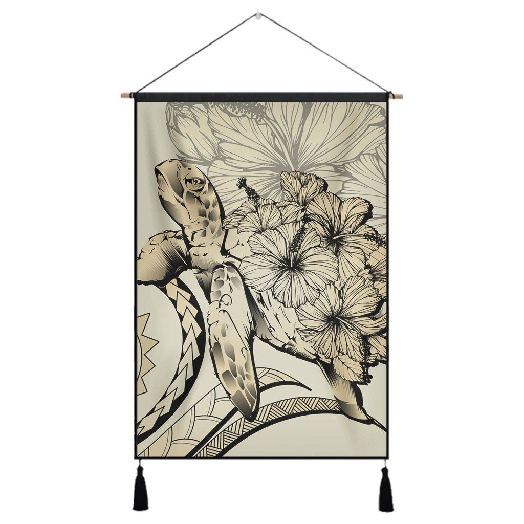 Hawaiian - Hawaii Turtle Hibiscus Polynesian Vintage Hanging Poster - Beige - AH Hanging Poster Cotton And Linen - Polynesian Pride