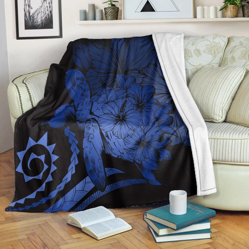Hawaii Blanket - Hawaii Turtle Hibiscus Polynesian Vintage Premium Blankets - Blue - AH White - Polynesian Pride