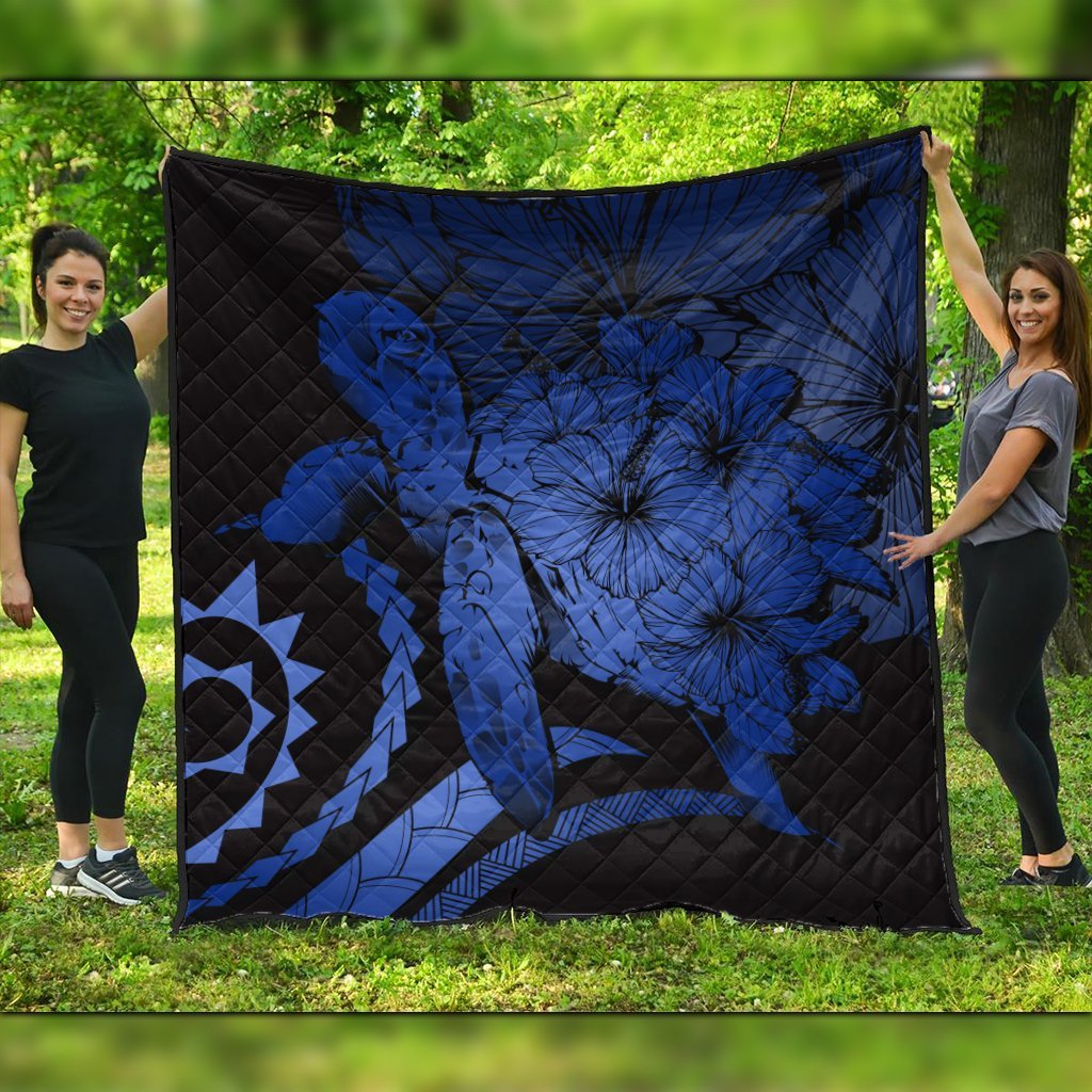 Hawaiian - Hawaii Turtle Hibiscus Polynesian Vintage Premium Quilts - Blue - AH Black - Polynesian Pride