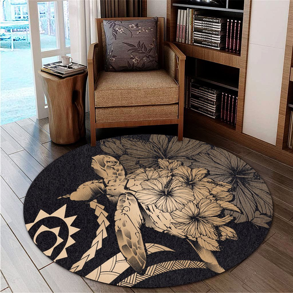 Hawaiian - Hawaii Turtle Hibiscus Polynesian Vintage Round Carpet - Gold - AH - Polynesian Pride