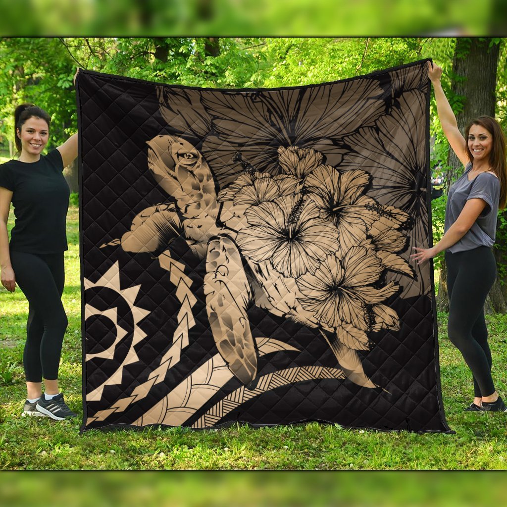 Hawaiian - Hawaii Turtle Hibiscus Polynesian Vintage Premium Quilts - Gold - AH Black - Polynesian Pride