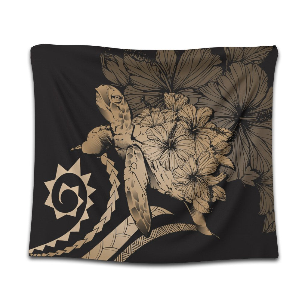 Hawaiian - Hawaii Turtle Hibiscus Polynesian Vintage Tapestry - Gold - AH Wall Tapestry Black - Polynesian Pride