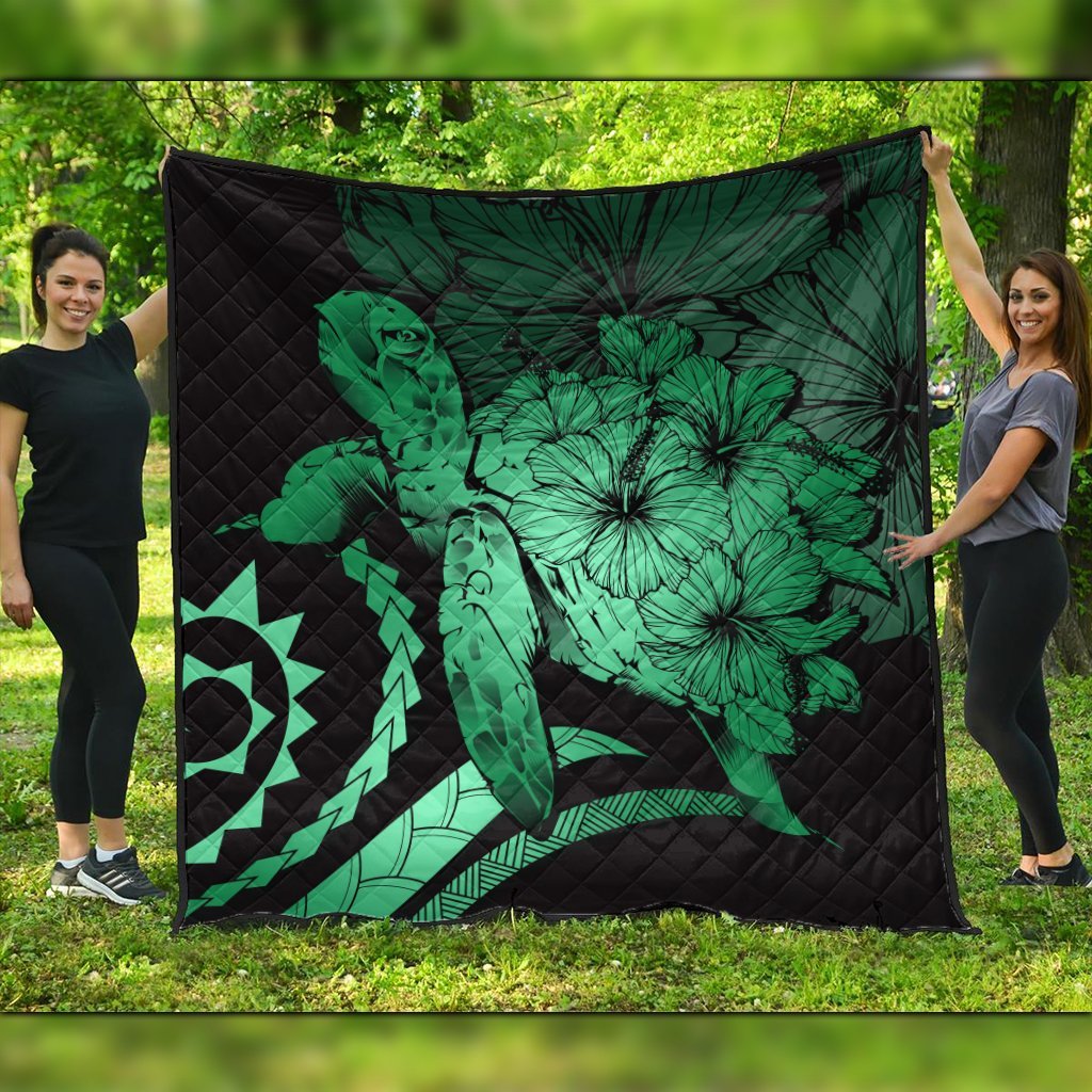 Hawaiian - Hawaii Turtle Hibiscus Polynesian Vintage Premium Quilts - Green - AH Black - Polynesian Pride