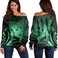 Hawaiian - Hawaii Turtle Hibiscus Polynesian Vintage Women's Off Shoulder Sweater - Green - AH Black - Polynesian Pride
