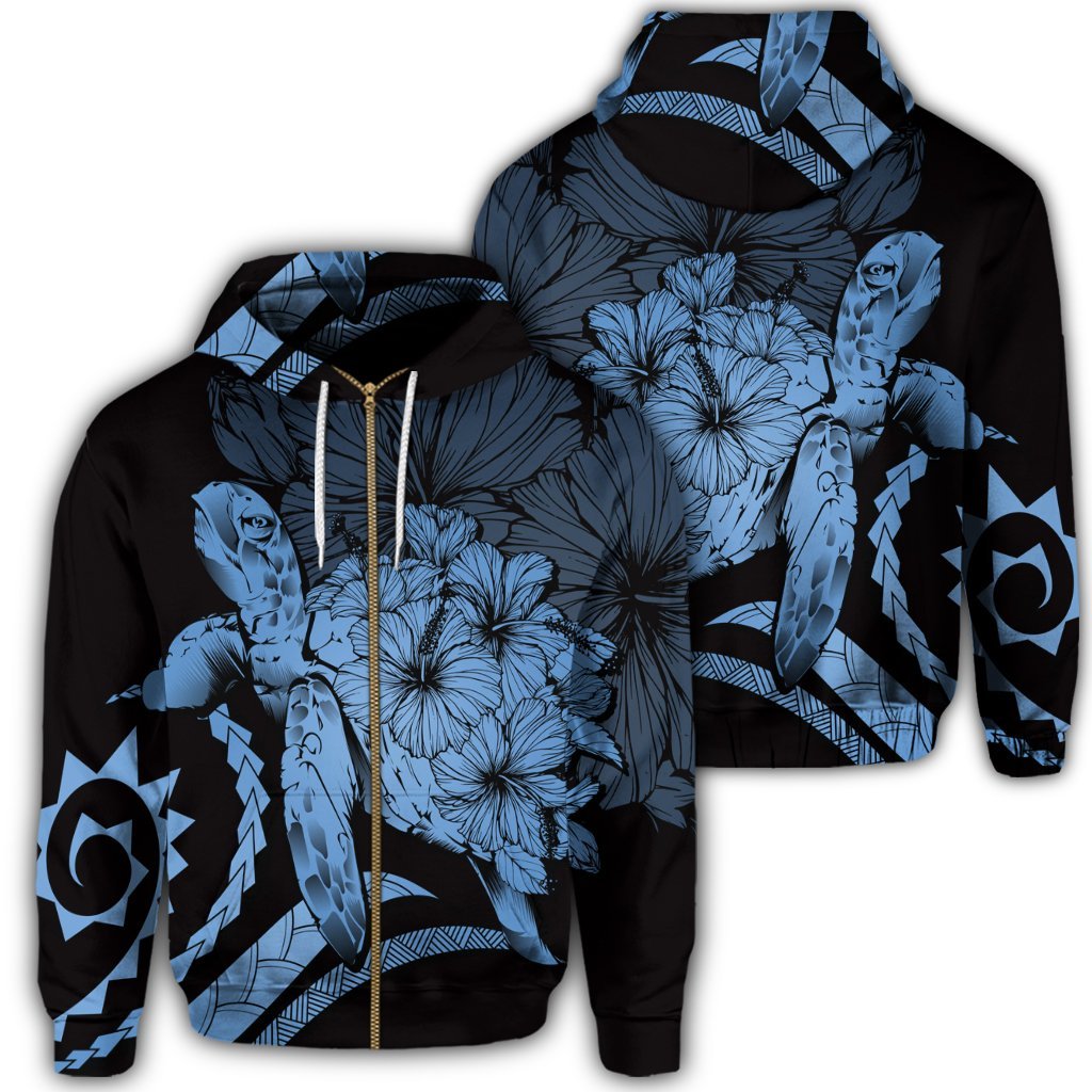 Hawaiian Hawaii Turtle Hibiscus Polynesian Vintage Zip Hoodie Pastel Blue Unisex Art - Polynesian Pride