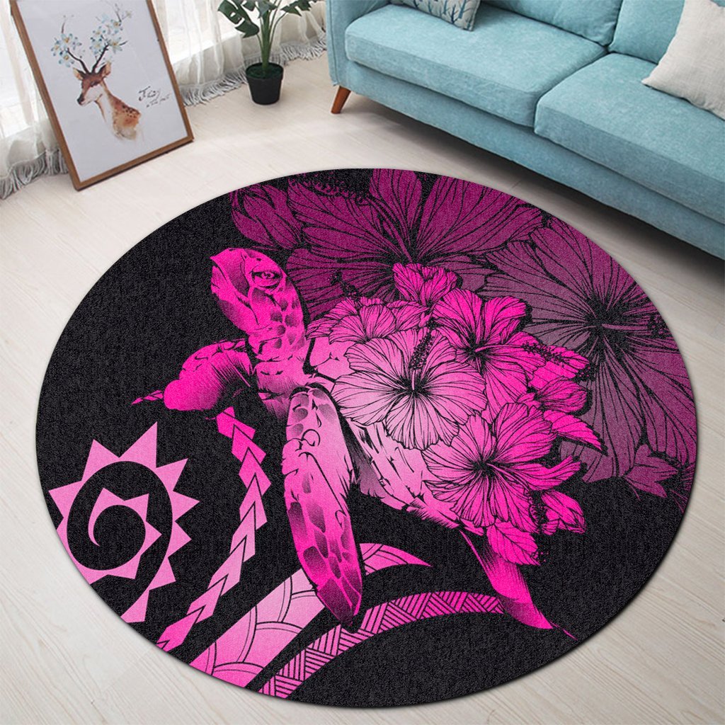 Hawaiian - Hawaii Turtle Hibiscus Polynesian Vintage Round Carpet - Pink - AH - Polynesian Pride