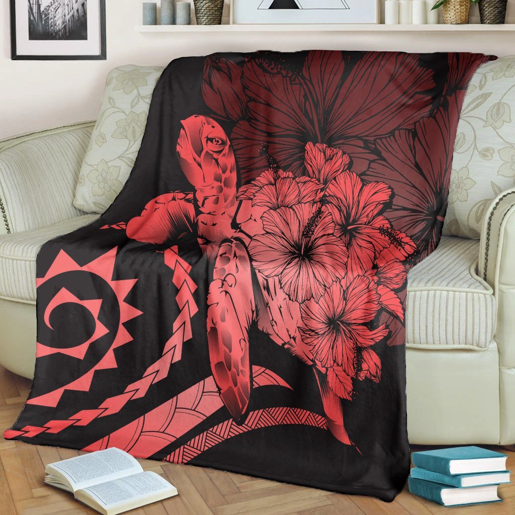 Hawaii Blanket - Hawaii Turtle Hibiscus Polynesian Vintage Premium Blankets - Red - AH - Polynesian Pride