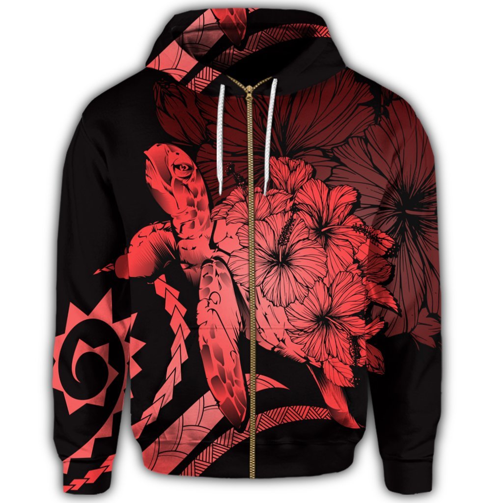 Hawaiian Hawaii Turtle Hibiscus Polynesian Vintage Zip Hoodie Red - Polynesian Pride